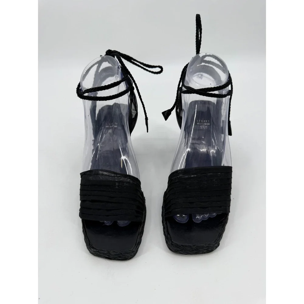 Stuart Weitzman Black Espadrille Wedge Sandals Pleated Ankle Tie Square Toe 5.5B